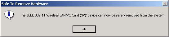 To stop using the 802.11g Wireless LAN PC Card, do the following steps: 1. Click once on the PC Card icon on the right side of the Windows task bar. 2. Select the option Stop IEEE 802.