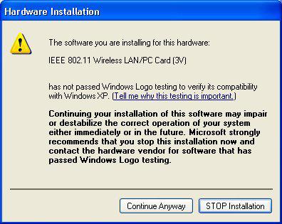 Step 3: The windows will appear the message about the Wireless LAN PC card has
