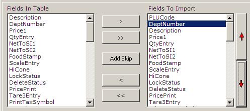 The right single-chevron moves all fields selected in the left window to the import list. The right double-chevron adds all available fields for the program to the import list.