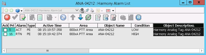 Logover Section 9 Aspects Figure 48. Harmony Alarm List When it is called up from an tag object, it only contains alarms for that object.