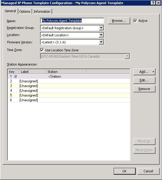 Managed IP Phone Template Configuration screen Select or add the appropriate configuration items in the General and Options (including Advanced Options for Polycom and Interaction SIP Station phones)
