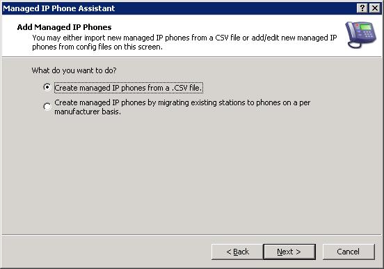 The Add Managed IP Phones screen appears.