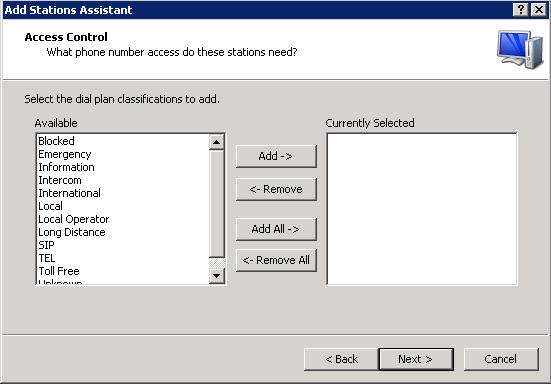 6. The Access Control dialog appears. If you created a dial plan in IC Setup Assistant, select the dial plan classifications for the new stations.