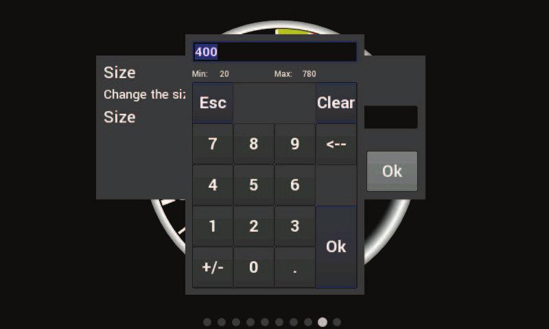 Size Overall Gauge sizes can be adjusted by increasing or decreasing their pixel size. The minimum and maximum values are displayed near the top of the number keypad.