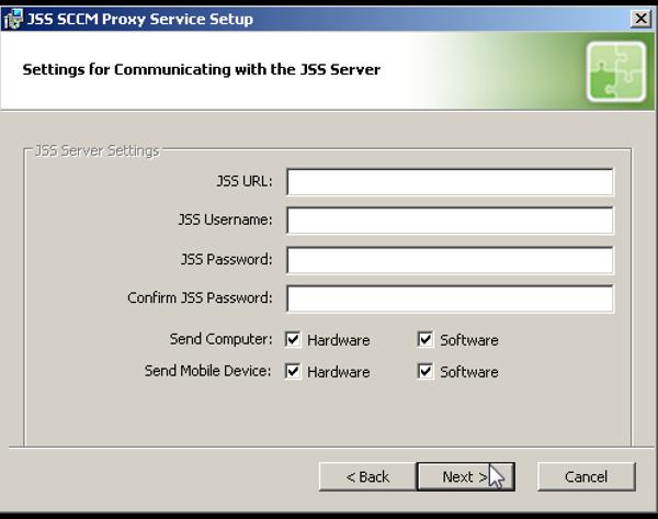4. Configure the settings for communicating to the JSS server, and specify the information to send to SCCM. 5. 6. 7. Choose where you want to install the JSS SCCM proxy service and click Next.