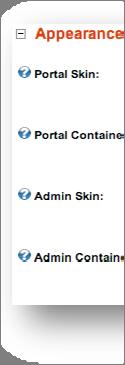 Appearance Portal Skin: Portal Container: Admin Skin: Admin Container: The selected skin will be