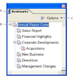 Navigating with bookmarks Bookmarks provide a table of contents and usually represent the chapters and sections in a document. Bookmarks appear in the navigation pane.