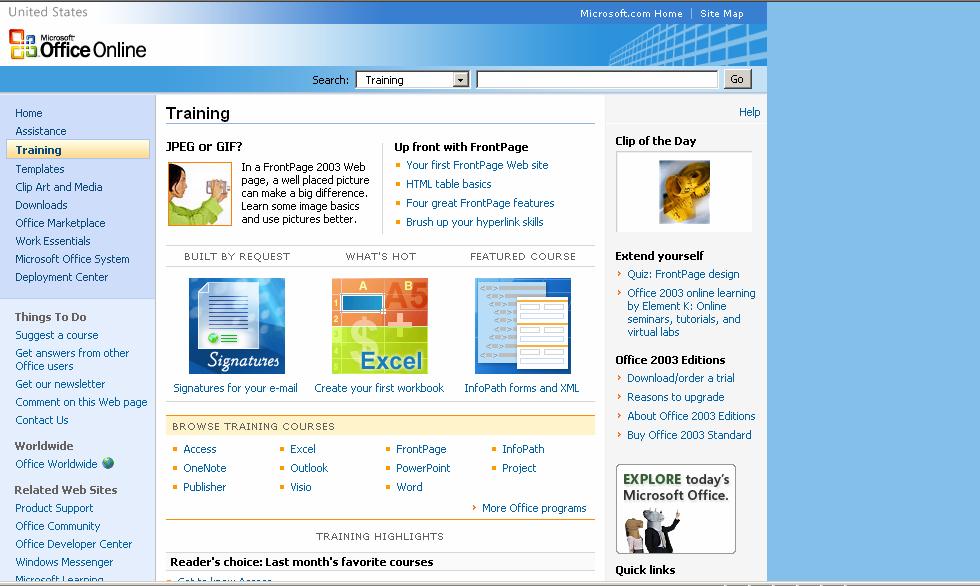 3. In Internet Explorer, enter the following url in the Address Bar: http://office.microsoft.com/en-us/training/default.