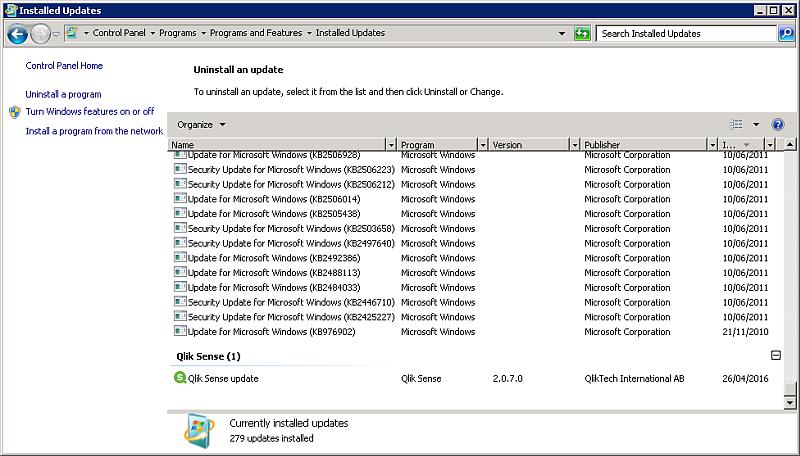 7 Maintaining Qlik Sense The screenshots show that the installed baseline version of Qlik Sense is, in this case, 2.0.1.0, but that it has been updated with service release 2.0.7.0. Uninstalling the baseline version will also uninstall the updates applied to it.