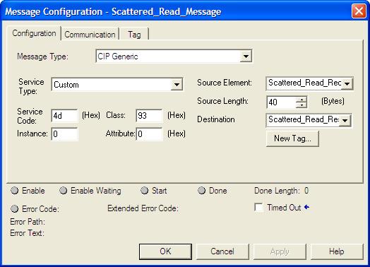 Chapter 6 Using Explicit Messaging (Adapter mode only) ControlLogix Formatting a Message to Read Multiple Parameters Figure 29 - Scattered Read Message Configuration Dialog Boxes Configuration Tab