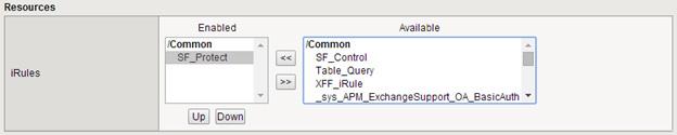 Within the resource section of the virtual server configuration, enable the Protection irule. Move the irule into the Enabled column.