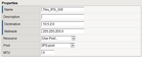 Within the GUI, select NetworkgRoutes, and then select create. Specify the name, destination IP address (10.5.2.0), and mask (255.255.255.0). For the Resource, select Use Pool, and for the Pool, select IPS-pool.