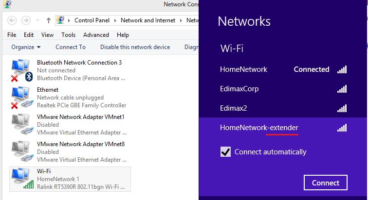 Select the Extender network. Click on Connect. Below screen is from Windows 8.