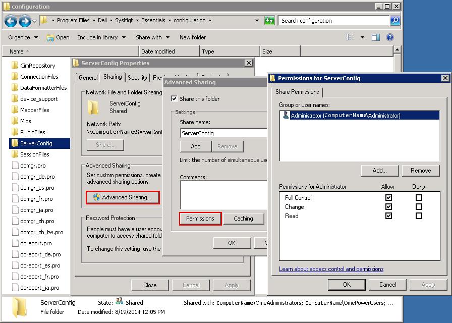 Figure 36 Advanced sharing tab of the ServerConfig folder 7. Verify the share folder location by using the net share command. 8.