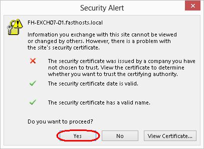Step 3 Your computer will attempt to connect to our Exchange servers. Each of our Exchange servers are secured by SSL, but this certificate will not match your domain name.