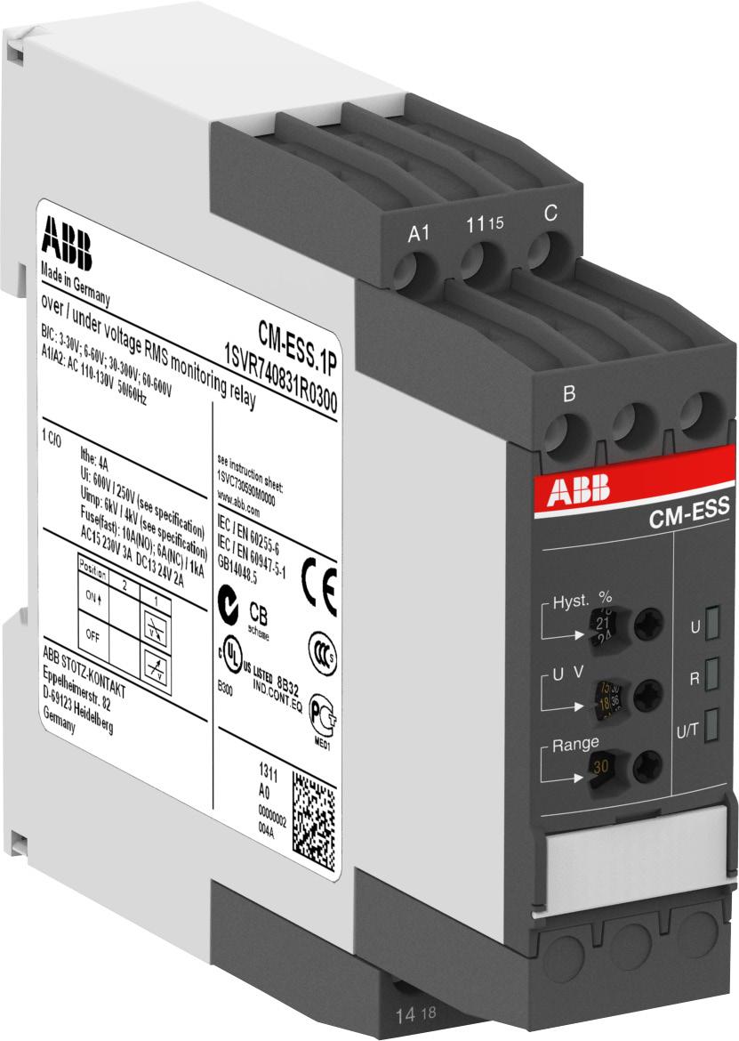 Functions Operating controls 1 Adjustment of the hysteresis 2 Adjustment of the threshold value 3 Indication of operational states U/T: green LED control supply voltage R: yellow LED relay status 1 2