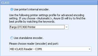 Selecting the Encoding Option for iclass Follow these instructions: Click on the Use standalone encoder radio button and select (choose) a reader (encoder) and port,