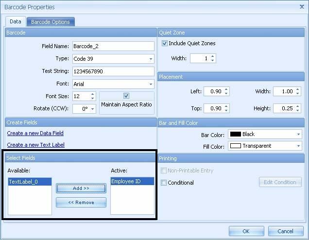 Creating Cards with a Barcode Step Procedure 13 Select fields to be added to the active section in the dialog.