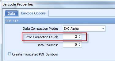 21 PDF 417 Barcode Options-Error Correction Level Set the Error Correction Level to set the amount of