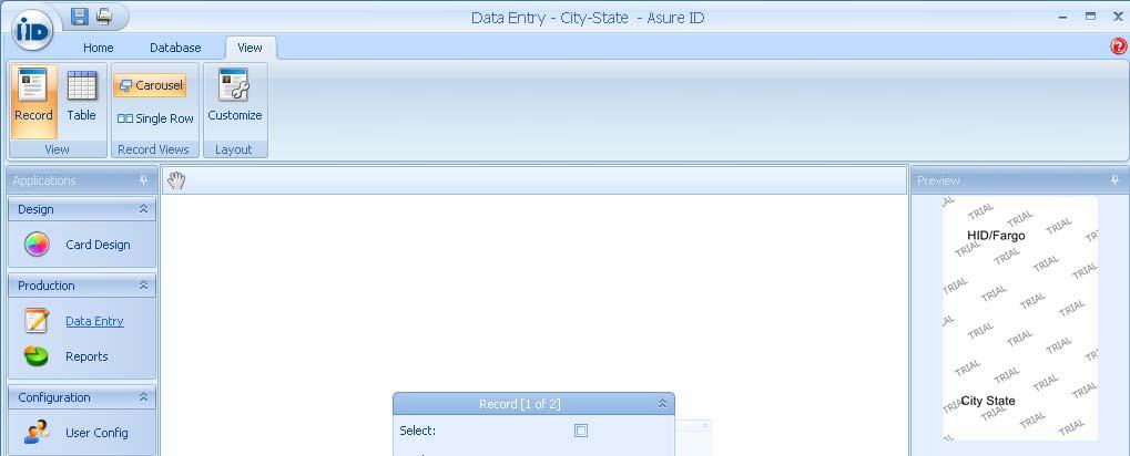 Reviewing the View Menu Bar for Data Entry The items under the View tab allow the user to change how the data records are displayed in the workspace. Select View to see the card in two formats.