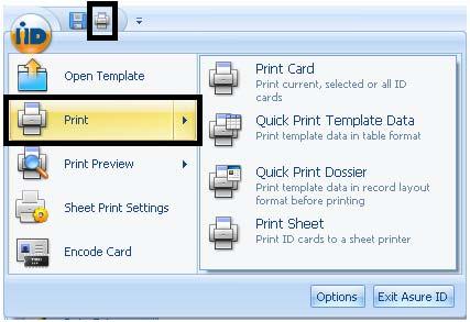 Printing a Card Printing from the Data Entry application is accomplished by clicking the application button (upper left corner of the screen) and selecting the Print option or Print button.