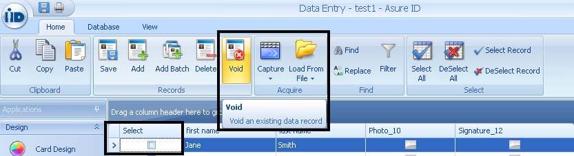 How to void a record Data Entry The Records group contains the VOID function. There is no function to un-void a record, so the void action is permanent.