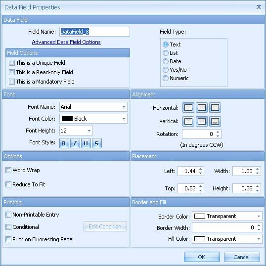 Setting the Data Field Properties Click on the Data Field; then click on the card drawing surface and drag the text box to the desired size.