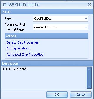 Selecting a Chip Type Asure ID currently supports HID iclass and HID Prox. After selecting a chip type, the application opens a side panel on the right portion of the PC s monitor.