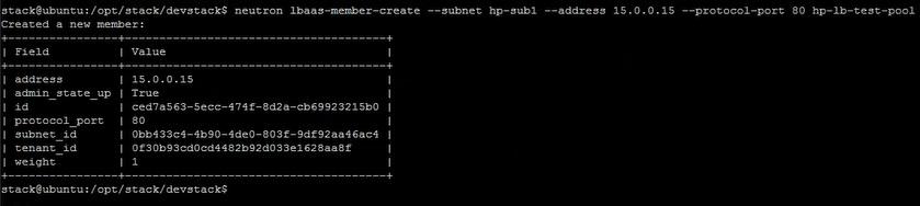 8. Create a member using the following command: neutron lbaas-member-create --subnet <subnet-name> --address <ip-address of the web server> --protocol-port <port_number> <pool-name> Example: neutron
