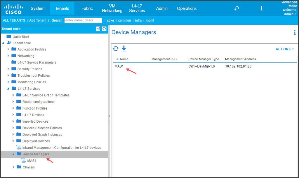 Once the NetScaler MAS is successfully registered as a device manager in the APIC, the device manager is added and is displayed in the Navigation pane.