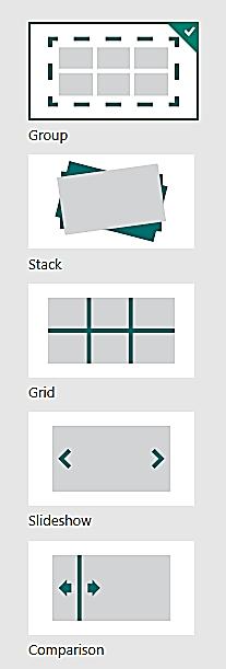 o Choose from one of the available options: Group Stack Grid Slideshow Comparison o These group options are