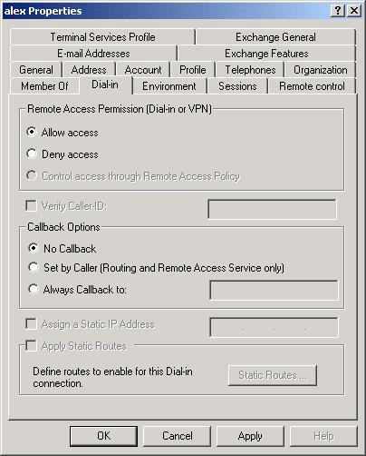 3. Select the Dial-in tab, and enable Allow access. Click OK. Figure 68: Dial-in Screen 802.1x Client Setup on Windows XP Windows XP ships with a complete 802.1x client implementation.