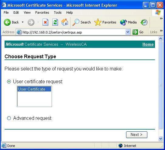 5. Select User certificate request and select User