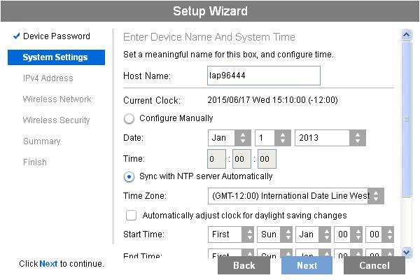 4. Configure the time zone, date and time for the device on System Settings screen. Figure 3: Setup Wizard - System Settings 5.