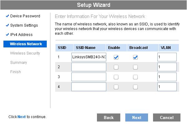 6. Set the SSID information on the Wireless Network screen. Click Next. If you want to configure more than 4 SSIDs, go to Configuration > Wireless >Basic Settings.