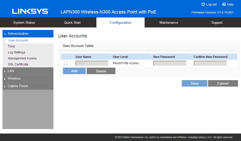 User accounts Manage user accounts. The access point supports up to 5 users: one administrator and four normal users.