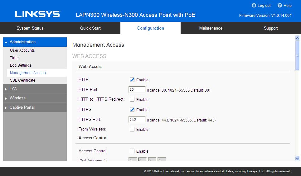 Management access Configure the management methods of the access point.
