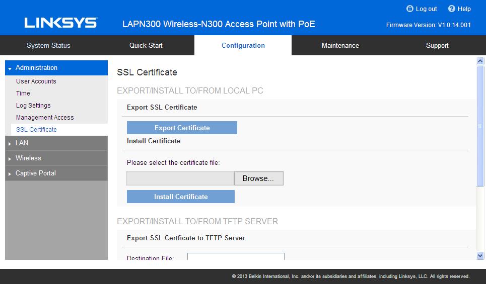 SSL certificate Manage SSL certificate used by HTTPS. Figure 13: SSL Certificate Screen SSL Certificate Screen Export/Restore to/from Local PC Export SSL Click to export the SSL certificate.