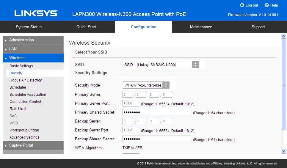 Security Settings - WPA/WPA2-Enterprise This version of WPA2-Enterprise requires a RADIUS Server on your LAN to provide the client authentication.