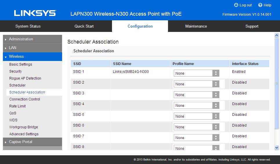 Scheduler Association Associate defined scheduler profiles with SSIDs.