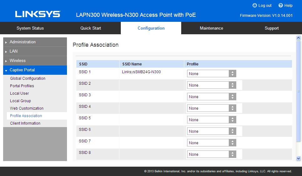 Profile Association Associate defined Captive Portal profiles with SSIDs. Figure 38: Profile Association Profile Association Screen SSID SSID Name Profile Name A list of available SSIDs.