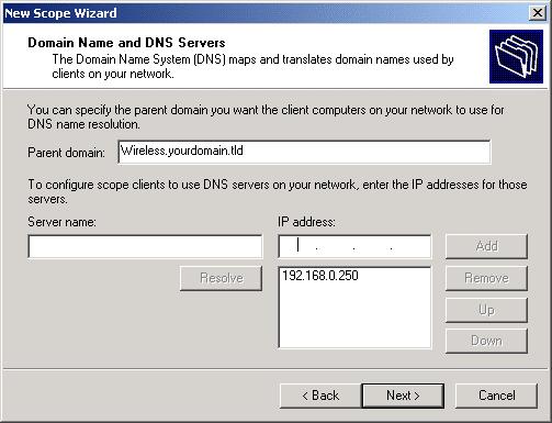 10. For the parent domain, enter the domain you specified for the domain controller setup, and enter the server's address for the IP address. Click Next. Figure 58: DNS Screen 11.
