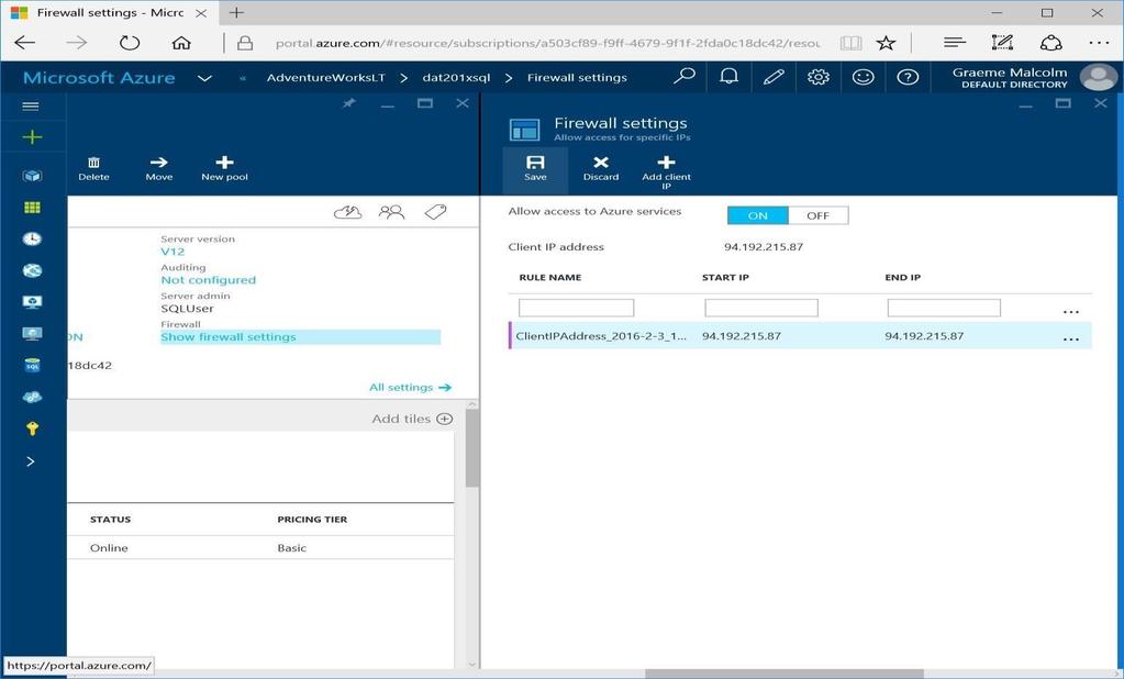 Note: Azure SQL Database uses firewall rules to control access to your database.