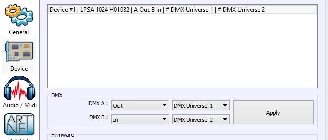 The DMX Output is connected to the interface input One DMX Output must be turns on into an input in the Options windows.
