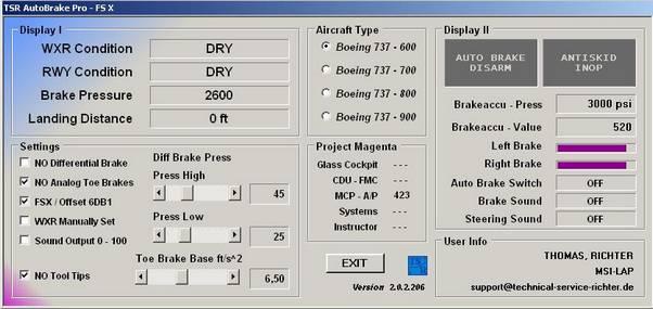 TSR Autobrake Pro B737 It contains 6 Position Autobrake System for Boeing 737-600/ - 700/ - 800/ - 900 RTO / OFF / AB-1 / AB-2 / AB-3 / AB-MAX More than 1100 fixed data used for the mathematics Brake