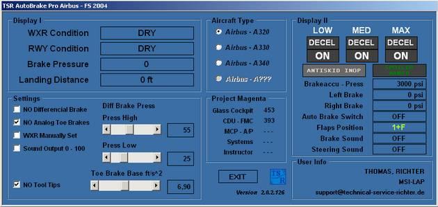 TSR Autobrake Pro Airbus It contains 3 Position Autobrake System for Airbus LOW / MED / MAX / (OFF) Brake distance variables on weather factor (Rain, Snow and its heaviness), automatic setting by FS9