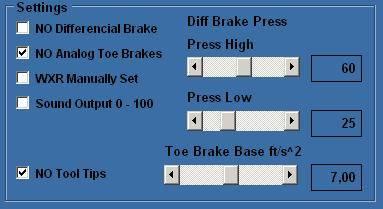 Settings NO Differential Brake, sets the left and right pedal as only one pedal input, is also used for Joystick- Button input if no Pedals are available NO Analog Toe Brakes, Your hardware works not