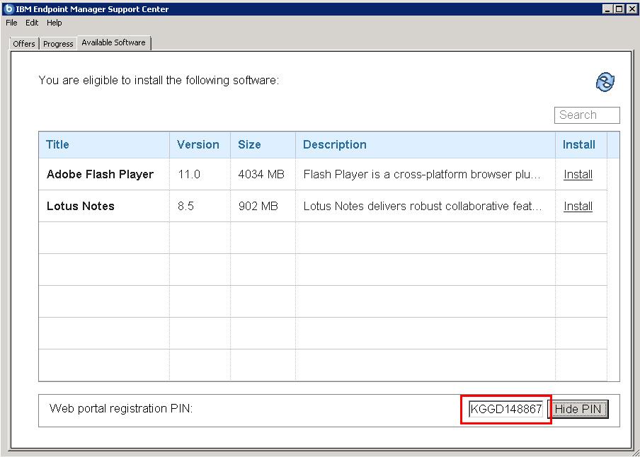 Figure 58. Web portal registration PIN in the Client Dashboard for Software The client dashboard is also known as the Endpoint Manager Support Center.