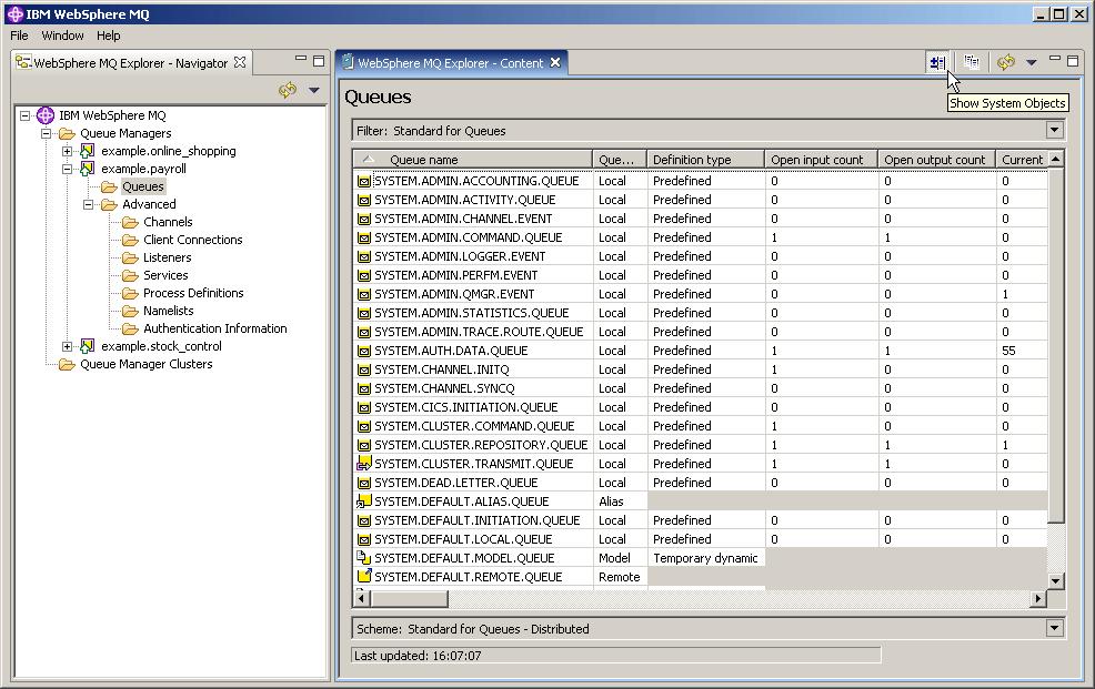 Filter drop-down Scheme drop-down Figure 5-2 WebSphere MQ Explorer: Queues content view for a queue manager, showing system objects The Filter drop-down list shown in Figure 5-2 can be used to