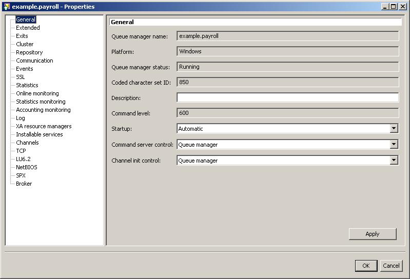 Subcategories grouping attributes Figure 5-3 Properties window for a queue manager This properties window has the same layout as other properties windows provided by the WebSphere MQ Explorer.